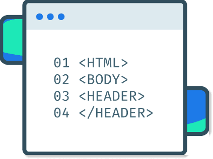Illustration depicting a ficitonal computer UI that displays the text "HTML, Body, Header"